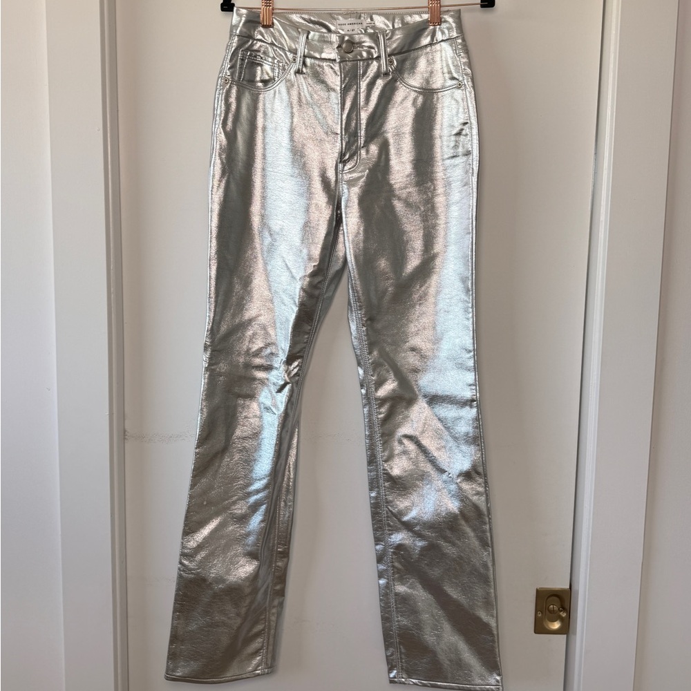 Good American Silver Metallic Straight Leg Jeans